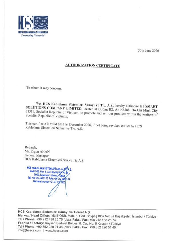 HCS Kablolama Sistemleri Authorized Distributor Certificate